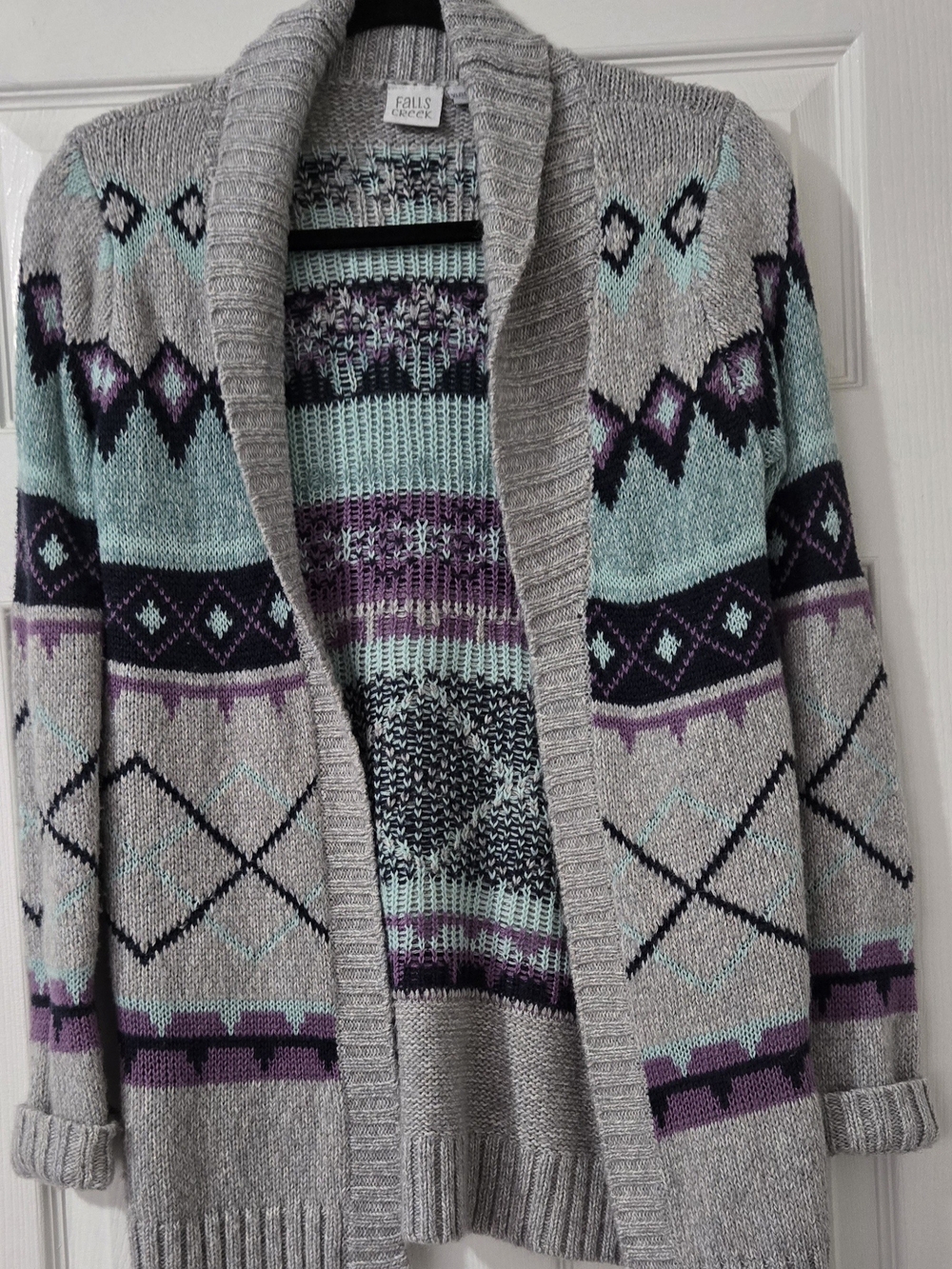 Falls Creek Girl's Gray Patterned Open Front Sweater Cardigan Gray, Teal, Purple